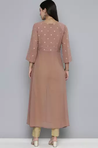 Women brown yoke design keyhole neck georgette kurta