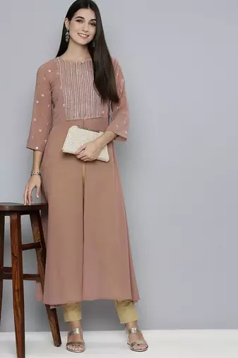 Women brown yoke design keyhole neck georgette kurta