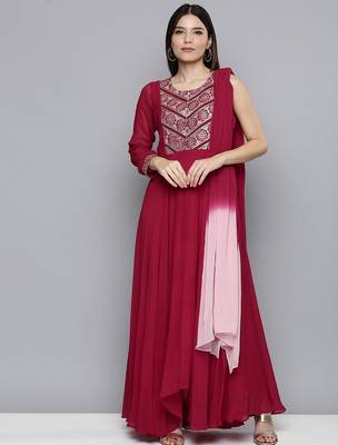 Women red embroidered georgette kurta with attached dupatta 1