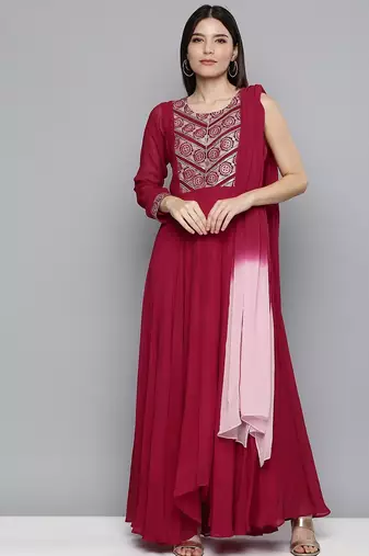 Women red embroidered georgette kurta with attached dupatta