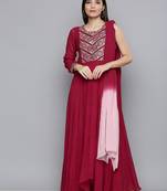 Women red embroidered georgette kurta with attached dupatta
