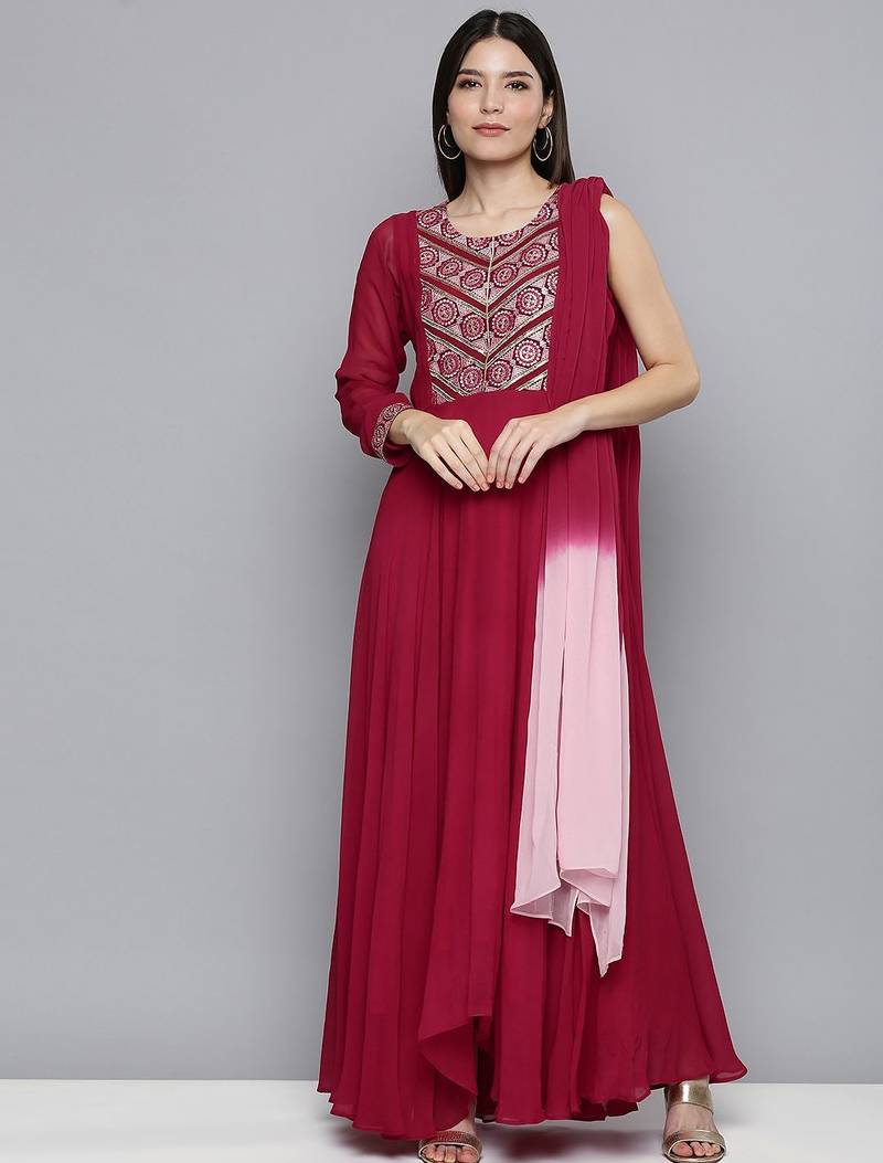 Women red embroidered georgette kurta with attached dupatta