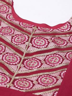 Women red embroidered georgette kurta with attached dupatta 2