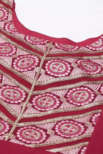 Women red embroidered georgette kurta with attached dupatta