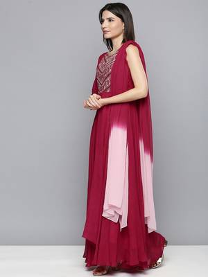 Women red embroidered georgette kurta with attached dupatta 3