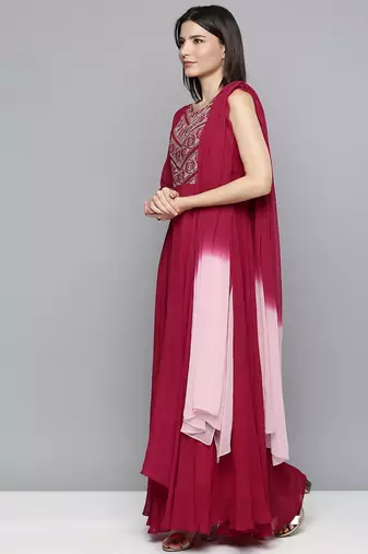 Women red embroidered georgette kurta with attached dupatta