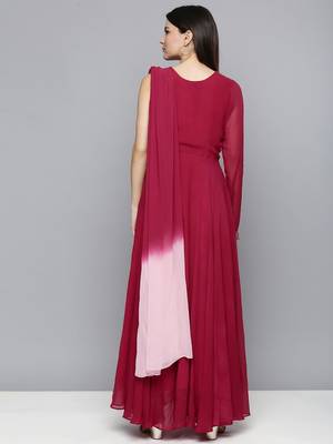 Women red embroidered georgette kurta with attached dupatta 4