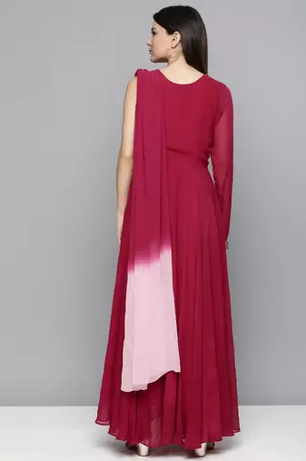 Women red embroidered georgette kurta with attached dupatta