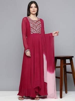 Women red embroidered georgette kurta with attached dupatta 5