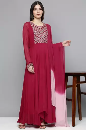 Women red embroidered georgette kurta with attached dupatta