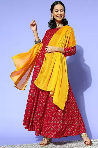 Women charming red silk swirling volume kurta