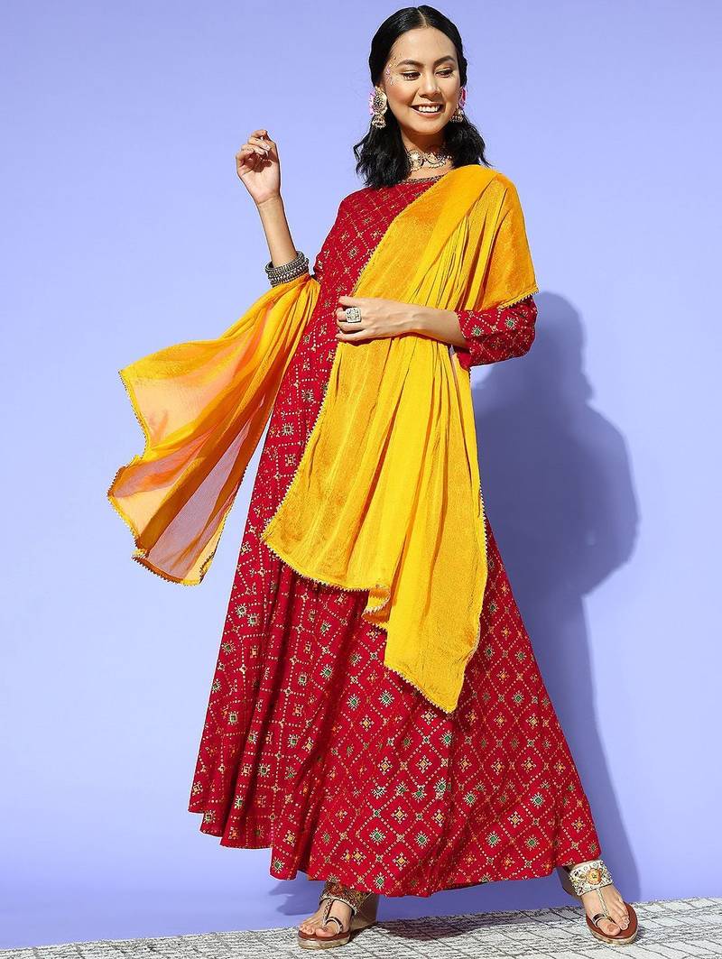 Women charming red silk swirling volume kurta