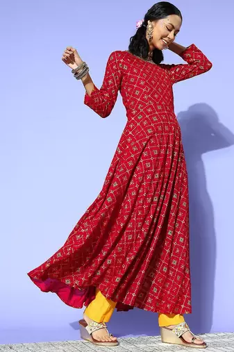 Women charming red silk swirling volume kurta