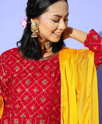 Women charming red silk swirling volume kurta 4