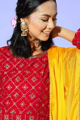 Women charming red silk swirling volume kurta