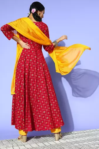 Women charming red silk swirling volume kurta