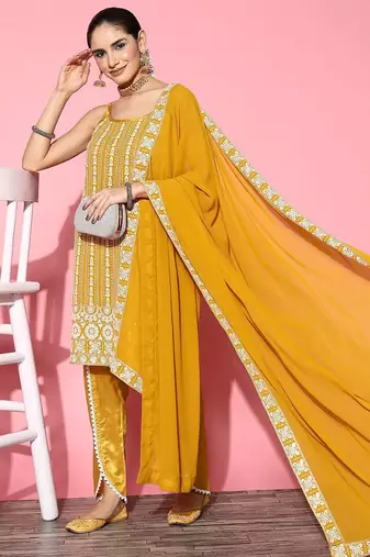 Women ethnic motifs poly georgette print parade kurta set