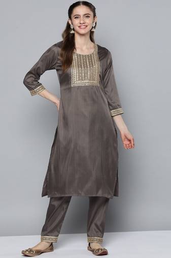 Women charcoal grey ethnic motifs embroidered sequinned kurta with trousers