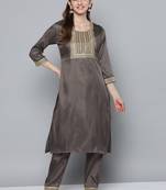 Women charcoal grey ethnic motifs embroidered sequinned kurta with trousers