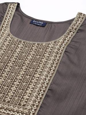 Women charcoal grey ethnic motifs embroidered sequinned kurta with trousers 2