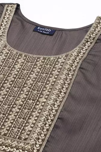 Women charcoal grey ethnic motifs embroidered sequinned kurta with trousers