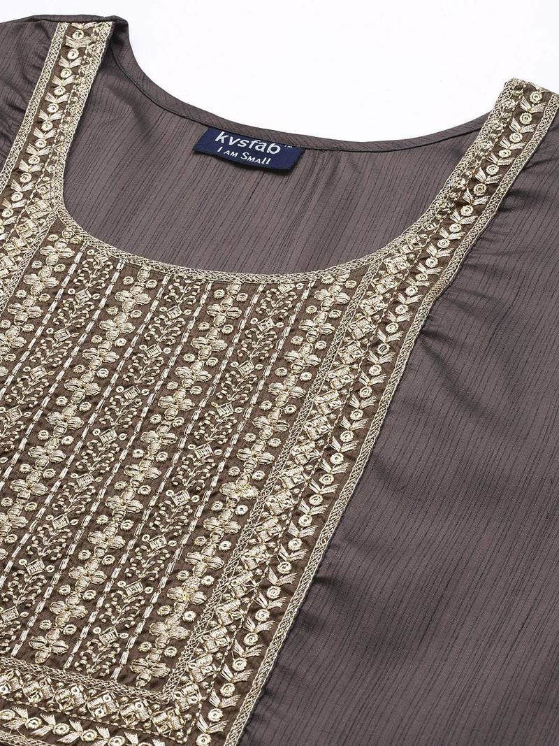 Women charcoal grey ethnic motifs embroidered sequinned kurta with trousers