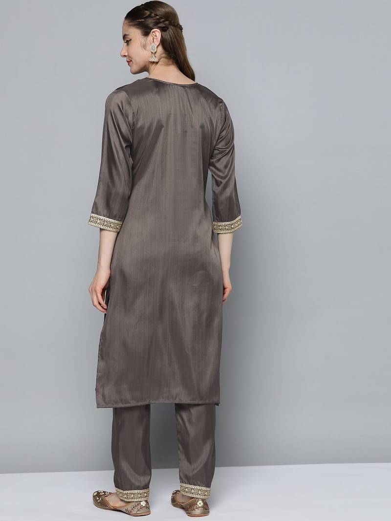 Women charcoal grey ethnic motifs embroidered sequinned kurta with trousers