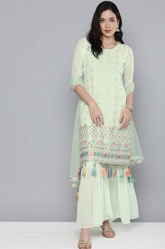 Women green ethnic motifs embroidered regular gotta patti kurta with sharara & with dupatta