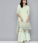 Women green ethnic motifs embroidered regular gotta patti kurta with sharara & with dupatta