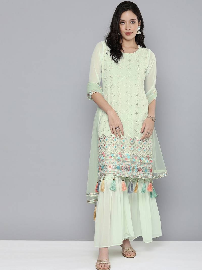 Women green ethnic motifs embroidered regular gotta patti kurta with sharara & with dupatta