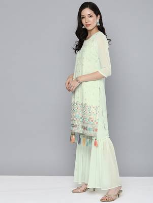Women green ethnic motifs embroidered regular gotta patti kurta with sharara & with dupatta 5