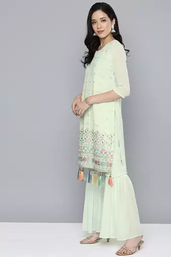Women green ethnic motifs embroidered regular gotta patti kurta with sharara & with dupatta