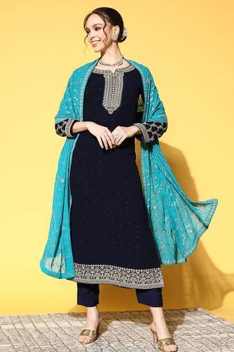 Women blue ethnic motifs embroidered kurta with trousers & with dupatta