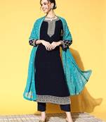 Women blue ethnic motifs embroidered kurta with trousers & with dupatta