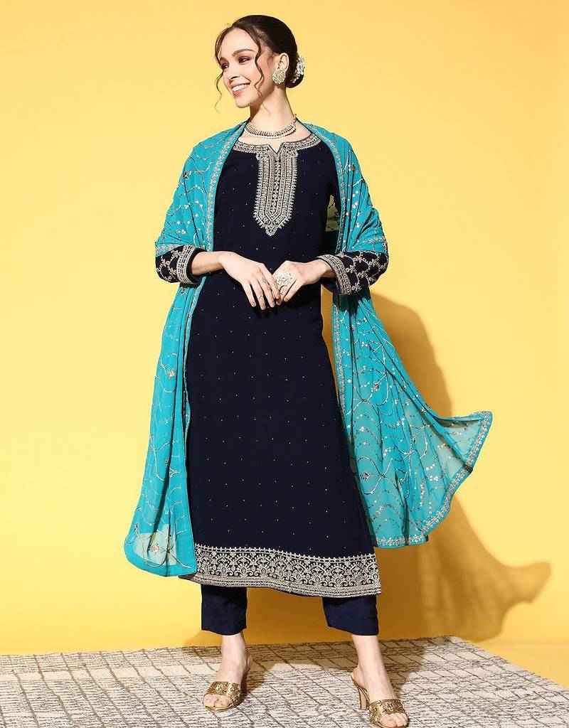 Women blue ethnic motifs embroidered kurta with trousers & with dupatta