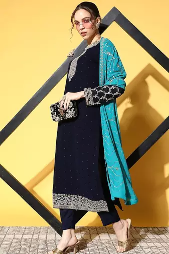 Women blue ethnic motifs embroidered kurta with trousers & with dupatta