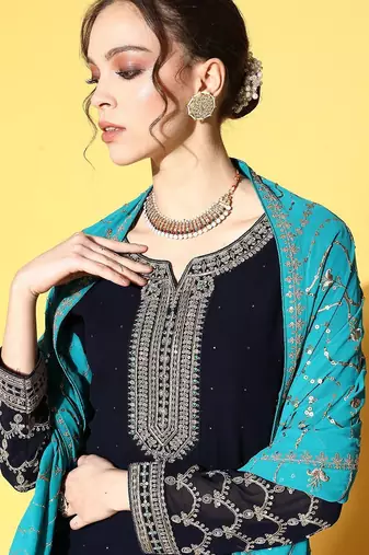 Women blue ethnic motifs embroidered kurta with trousers & with dupatta