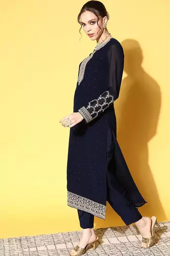 Women blue ethnic motifs embroidered kurta with trousers & with dupatta