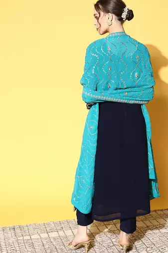 Women blue ethnic motifs embroidered kurta with trousers & with dupatta