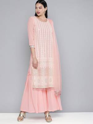 Women pink embroidered regular sequinned kurta with sharara & with dupatta 1