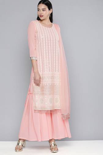 Women pink embroidered regular sequinned kurta with sharara & with dupatta