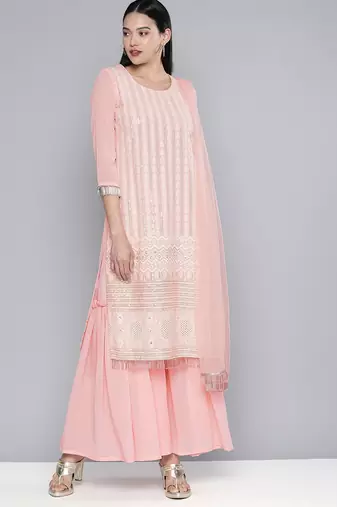 Women pink embroidered regular sequinned kurta with sharara & with dupatta