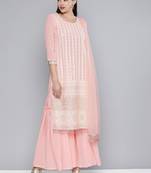 Women pink embroidered regular sequinned kurta with sharara & with dupatta
