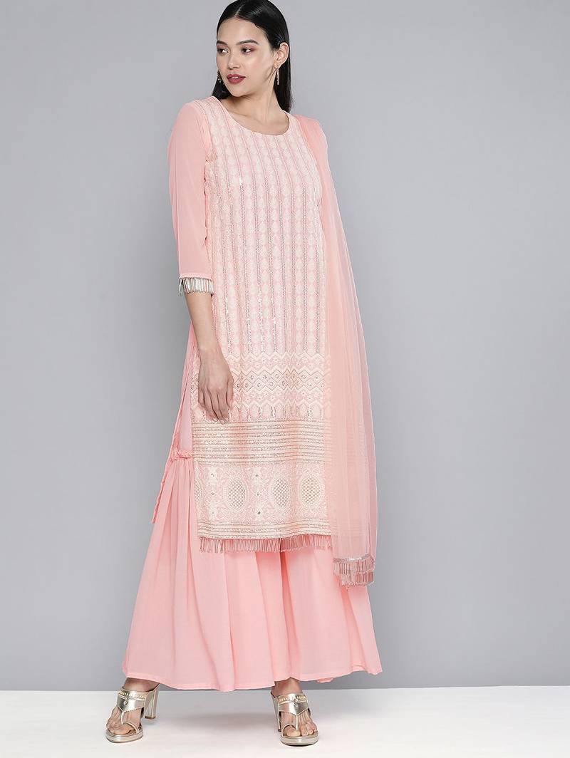 Women pink embroidered regular sequinned kurta with sharara & with dupatta