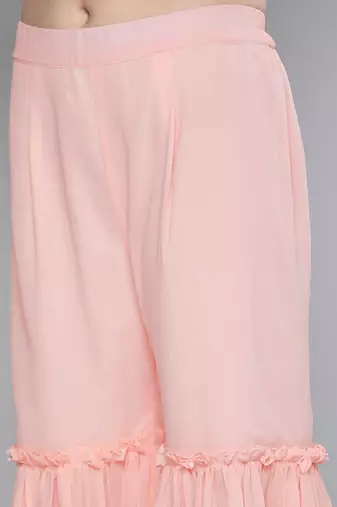 Women pink embroidered regular sequinned kurta with sharara & with dupatta