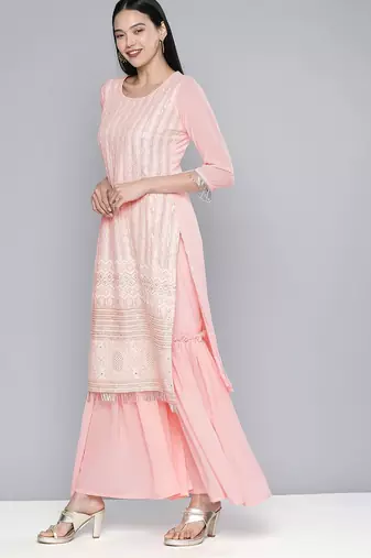 Women pink embroidered regular sequinned kurta with sharara & with dupatta