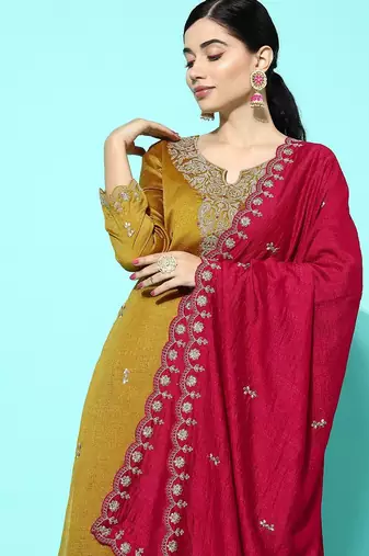 Women yellow floral embroidered regular sequinned kurta with palazzos & with dupatta