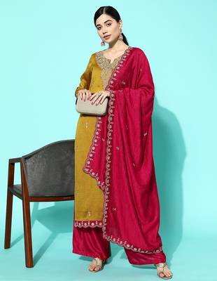 Women yellow floral embroidered regular sequinned kurta with palazzos & with dupatta 3