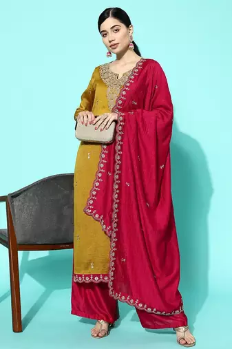 Women yellow floral embroidered regular sequinned kurta with palazzos & with dupatta
