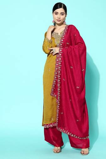 Women yellow floral embroidered regular sequinned kurta with palazzos & with dupatta